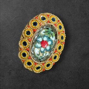 Vintage  Micro Mosaic Floral Brooch Oval Gold-Tone Blue & Red Accents 1 Inch Pin
